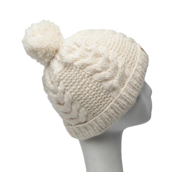 Cable Knit Winter Hat Toque & Mittens Pom Cream Leather Elk Deer Antler Patch - Picture 10 of 10